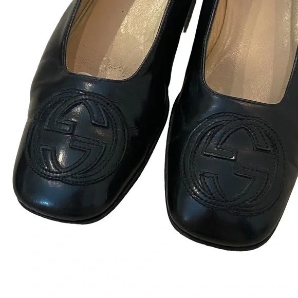 Gucci black flat pumps ballet square toe interlocking GG 8.5 leather